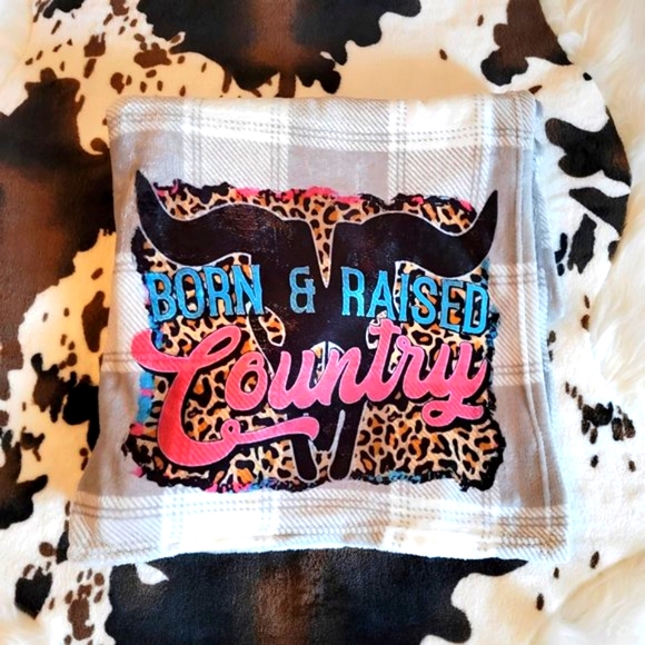 Born Raised Country Western Gray Plaid Throw Blanket - Picture 1 of 2